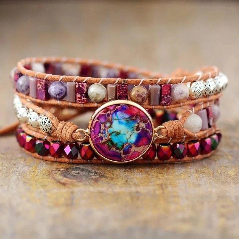 Galaxy Sea Sediment Jasper Stone Leather Braided Wrap Bracelet